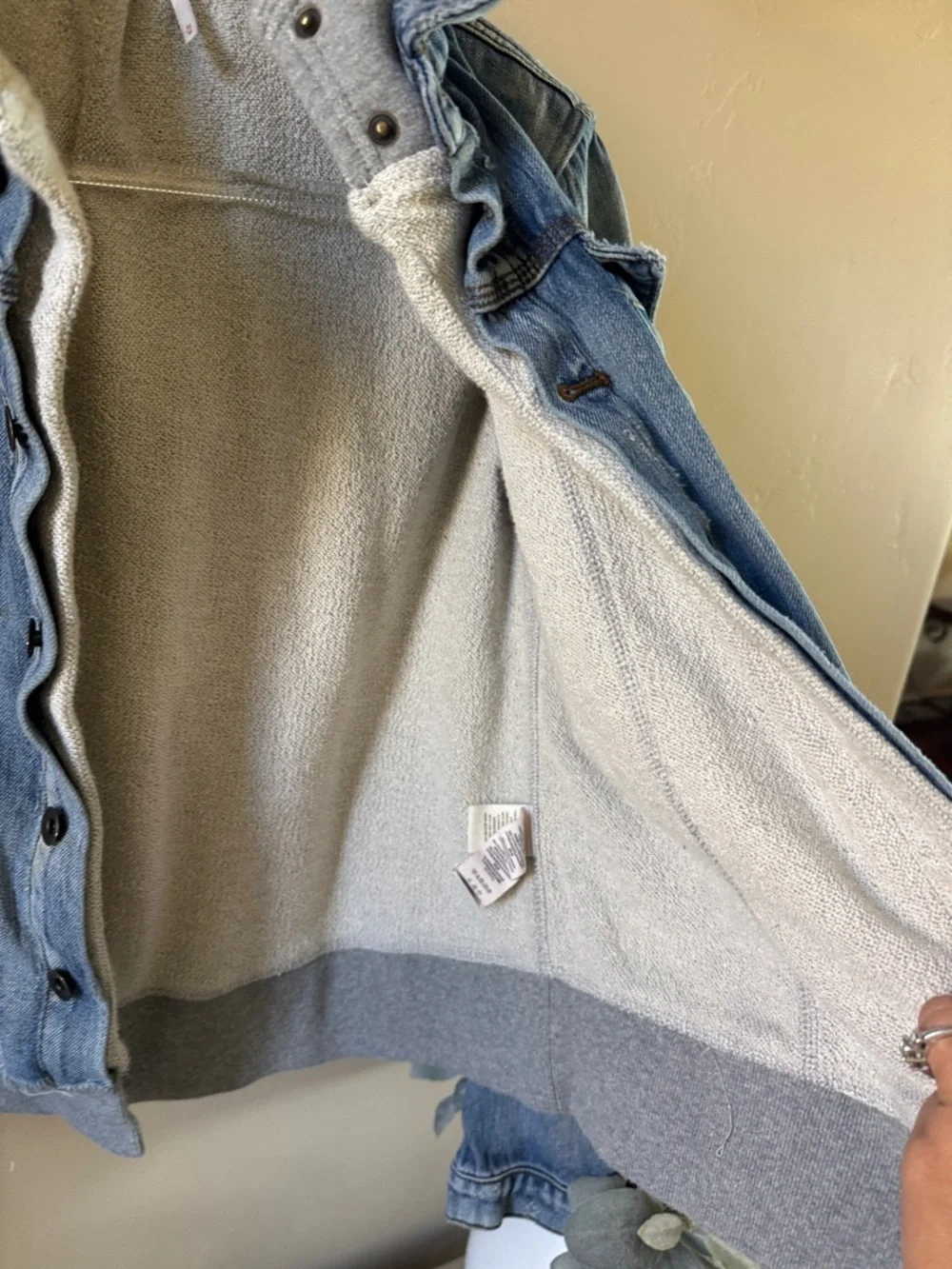 Free People Light Blue Distressed Denim Jacket with Heather Gray Hoodie - Picture 8 of 14